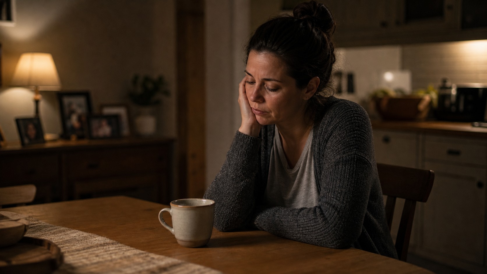 Editorial lifestyle image representing night kitchen caregiver fatigue.