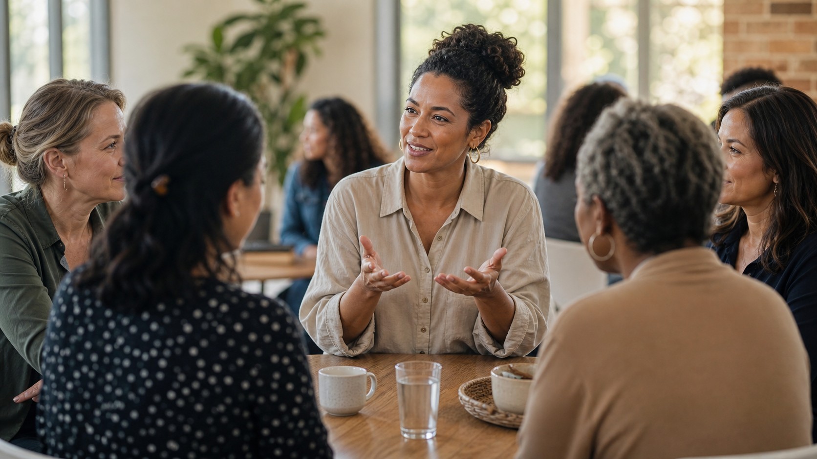 Editorial lifestyle image representing women in a community workshop practicing reflective conversation.