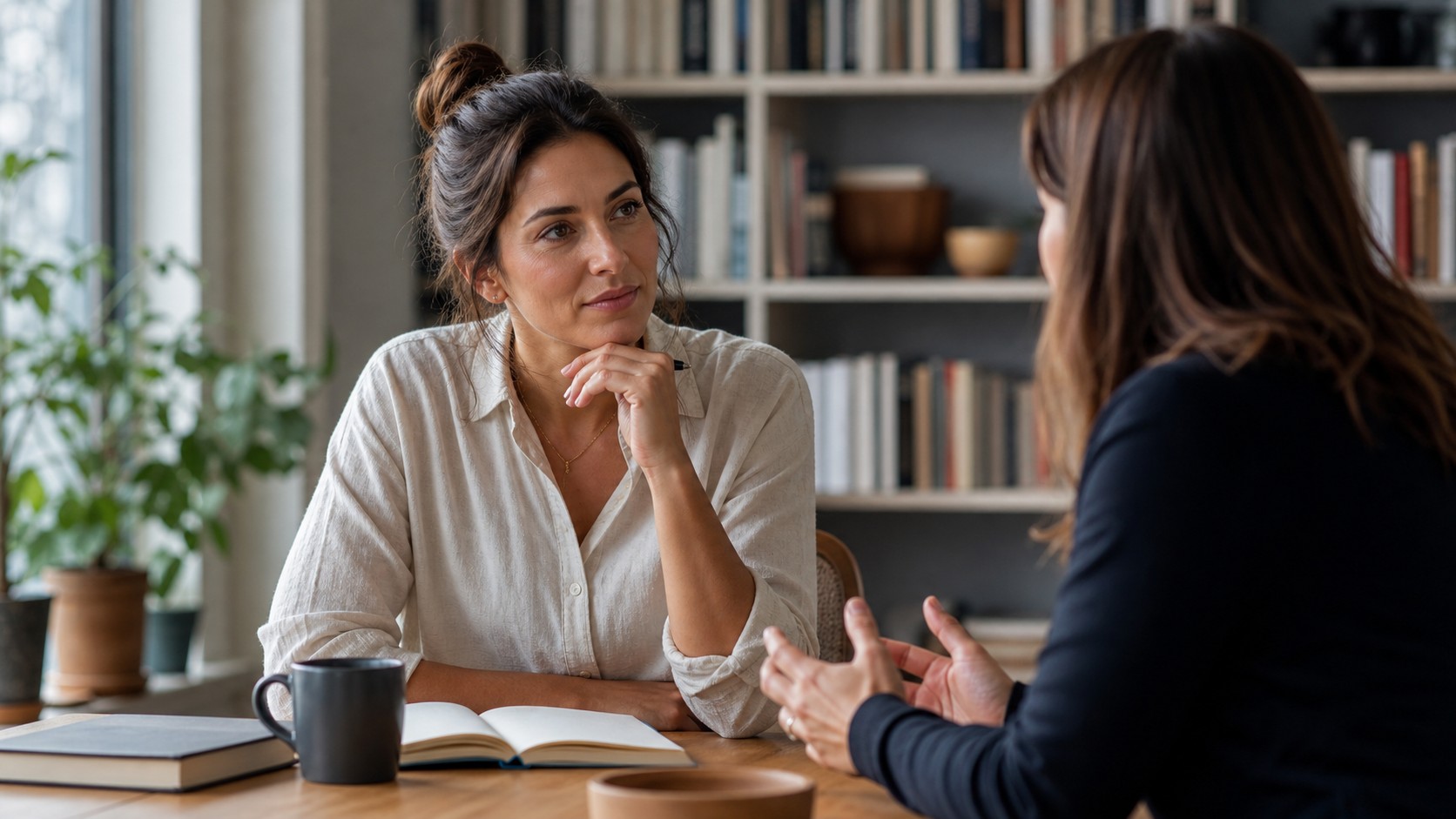 Editorial lifestyle image representing a thoughtful study table conversation without visible text.