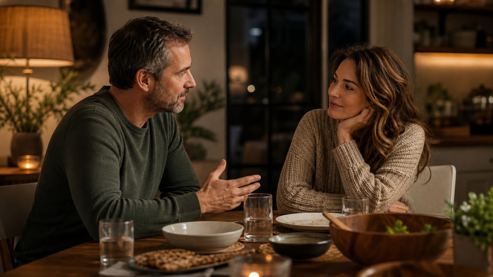 Editorial lifestyle image representing two friends sharing a careful repair conversation at a dining table.
