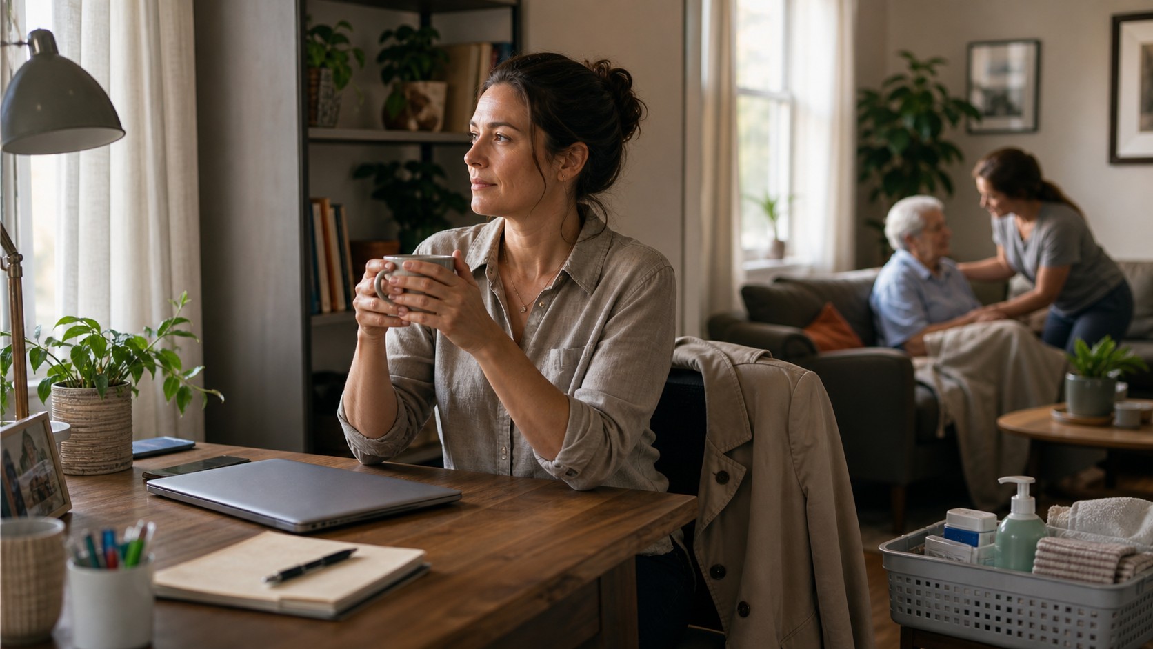 Editorial lifestyle image representing home office caregiving reset.