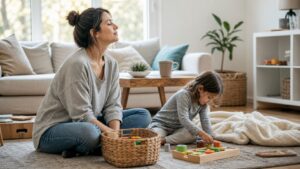 Editorial lifestyle image representing living room parenting reset.