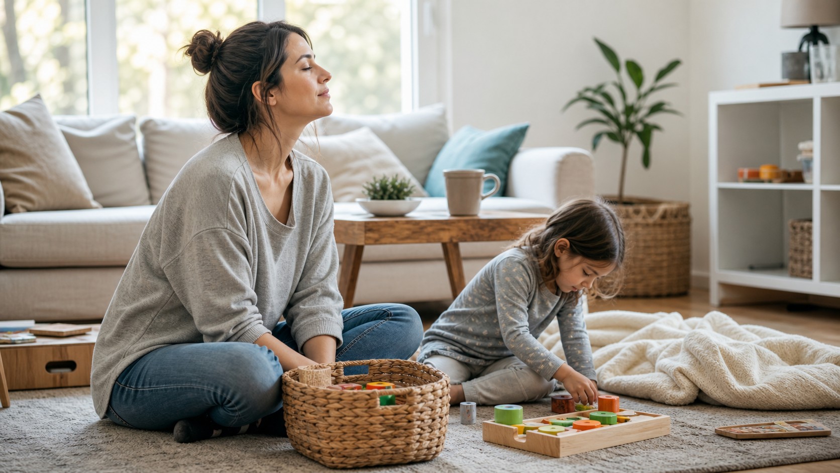Editorial lifestyle image representing living room parenting reset.