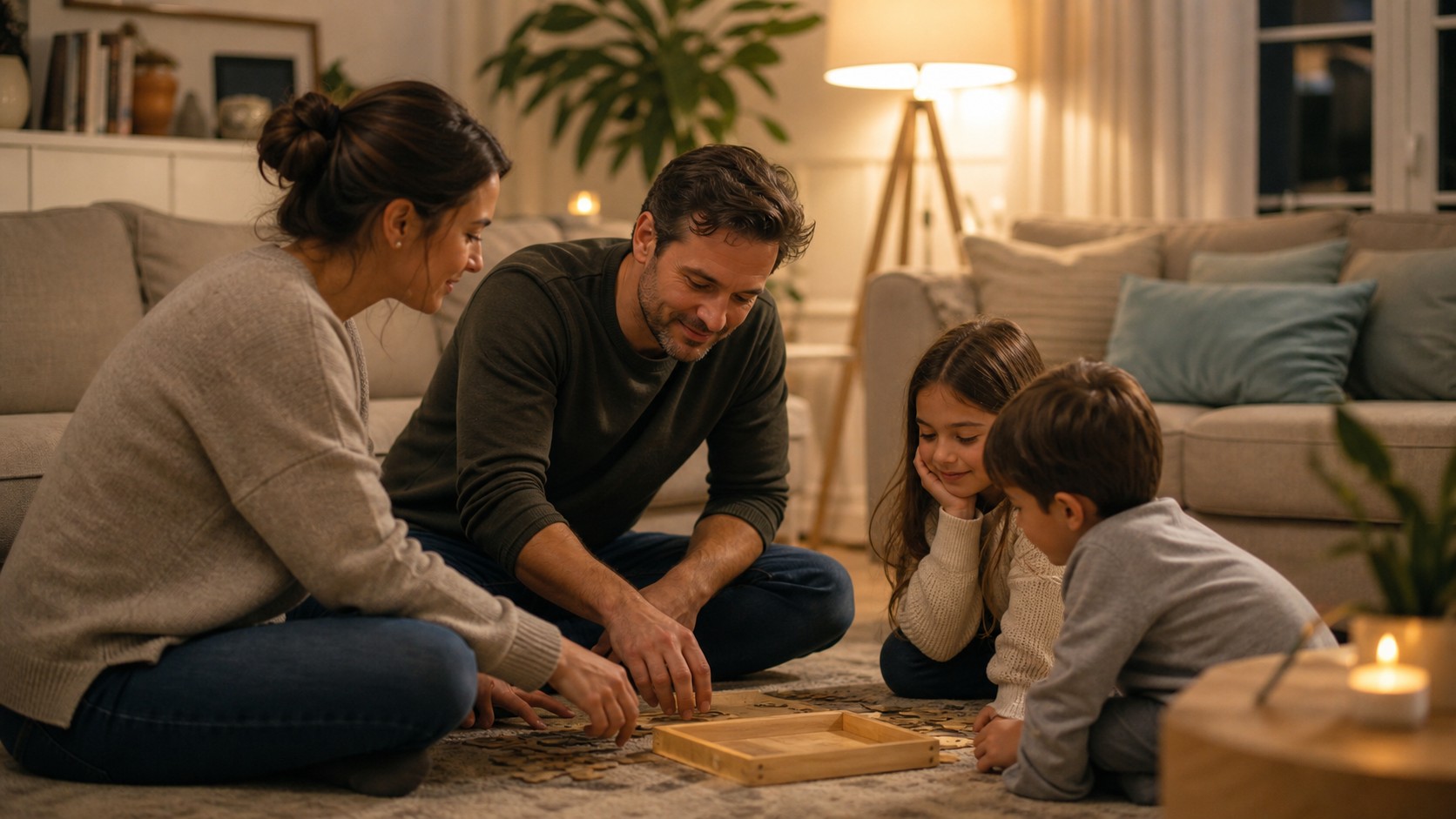 Editorial lifestyle image representing evening family living room.