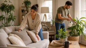Editorial lifestyle image representing a couple planning home routines together in a bright living room.