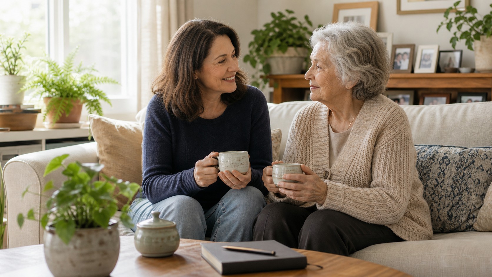 Editorial lifestyle image representing tea with aging parent.