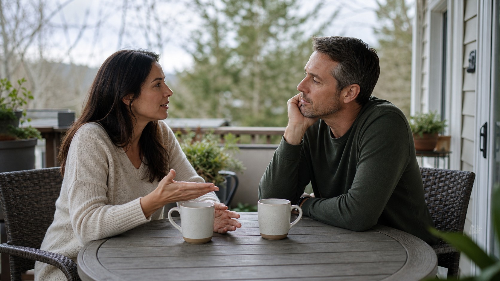 Editorial lifestyle image representing two partners talking thoughtfully on a patio.