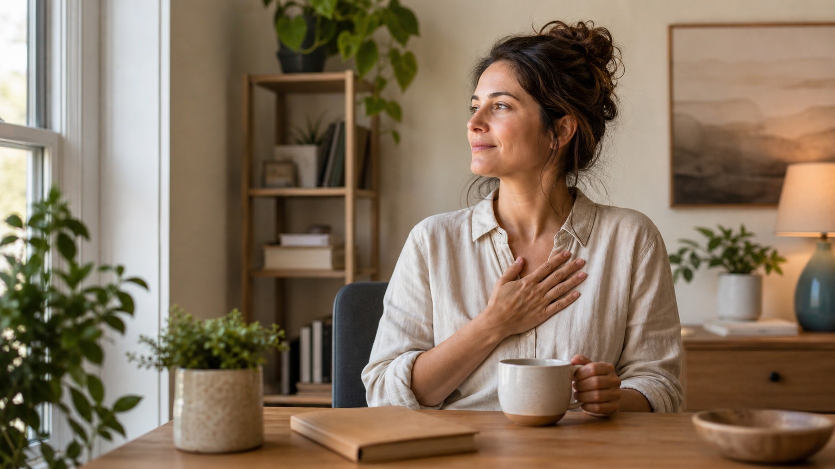 Editorial lifestyle image representing a woman journaling beside tea in a bright home office.