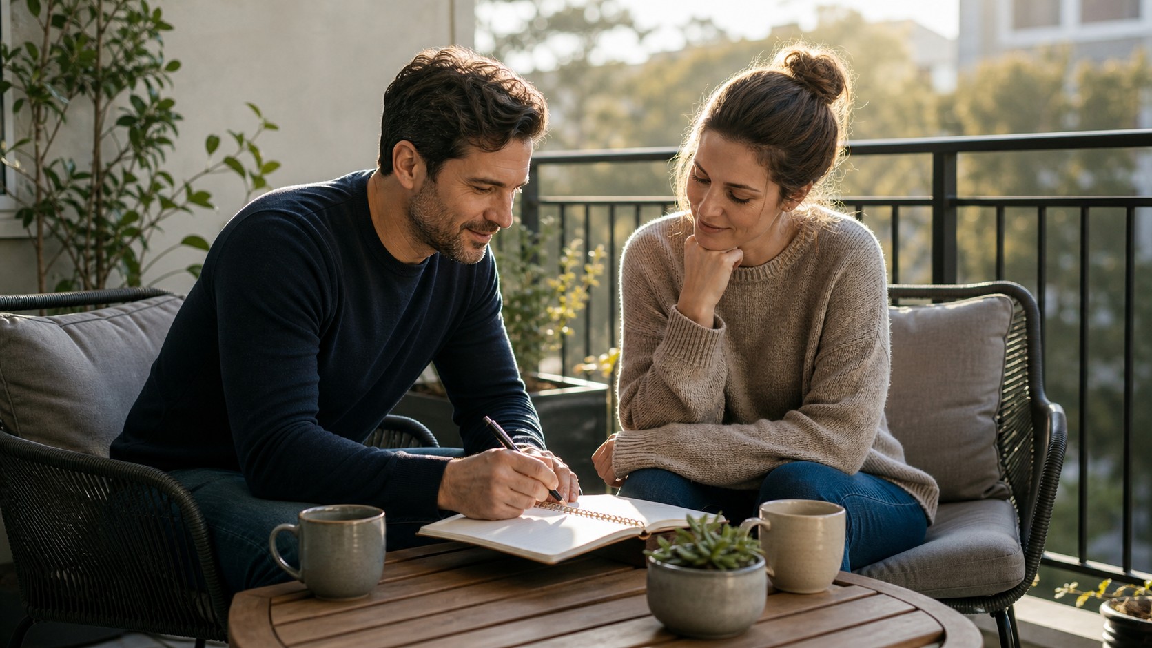 Editorial lifestyle image representing balcony practical conversation.