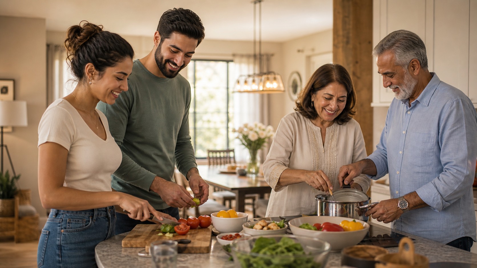 Editorial lifestyle image representing intergenerational cooking roles.