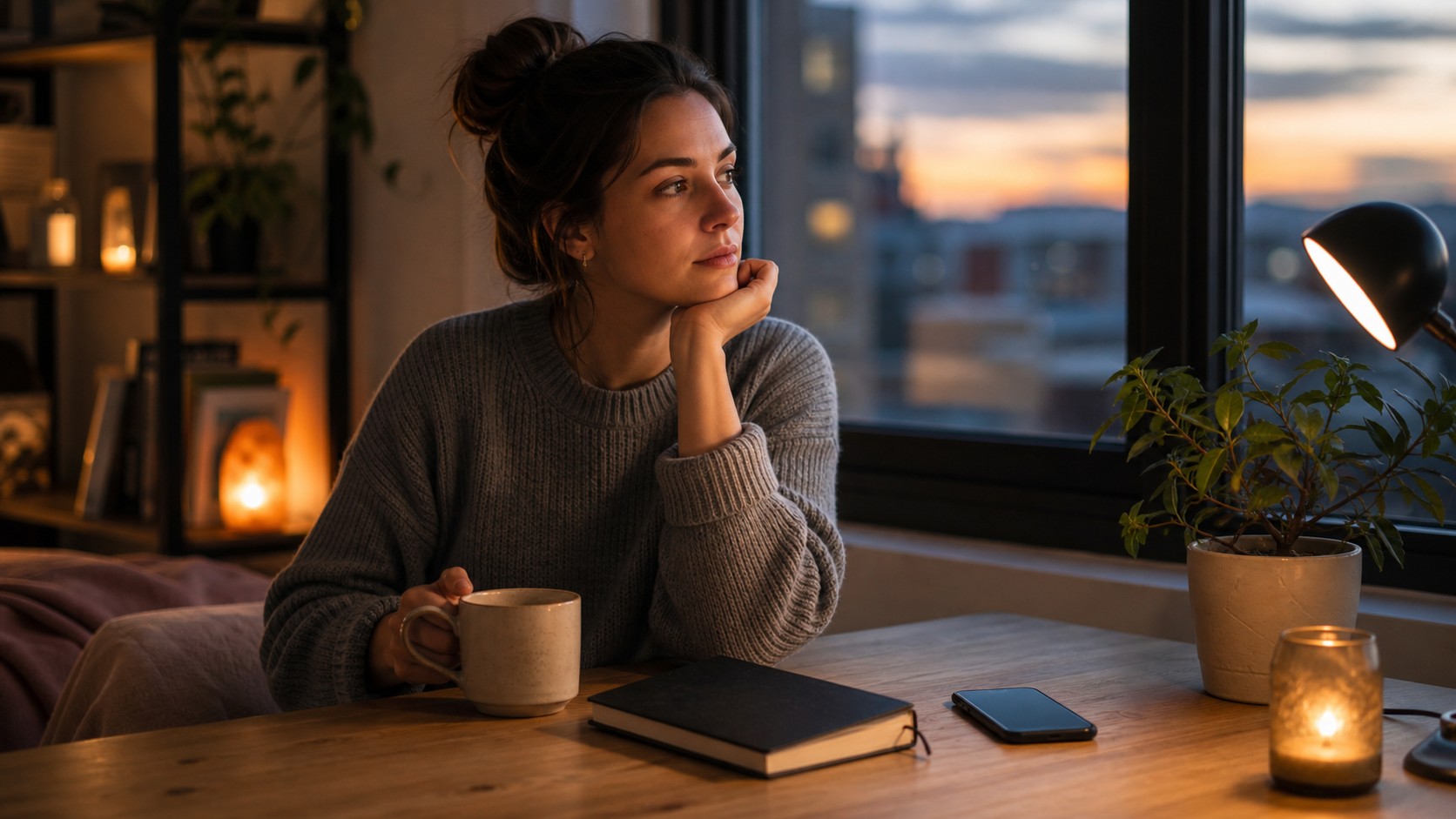 Editorial lifestyle image representing dusk apartment reflection.