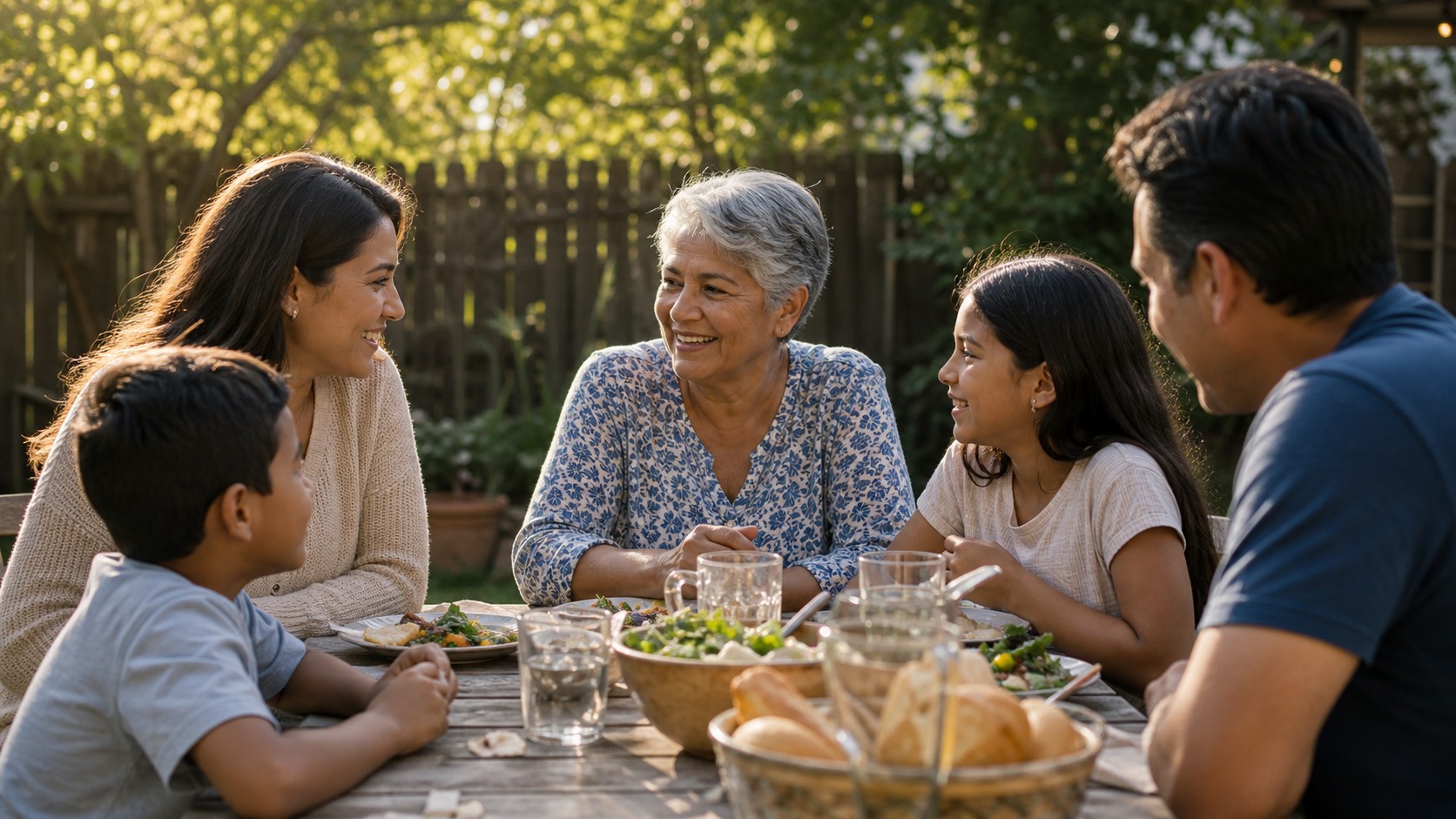 Editorial lifestyle image representing backyard multigenerational meal.