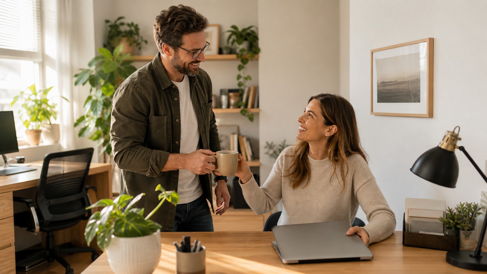 Editorial lifestyle image representing shared home office respect.
