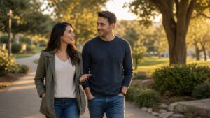 Editorial lifestyle image representing two adults walking in a city park while listening warmly.