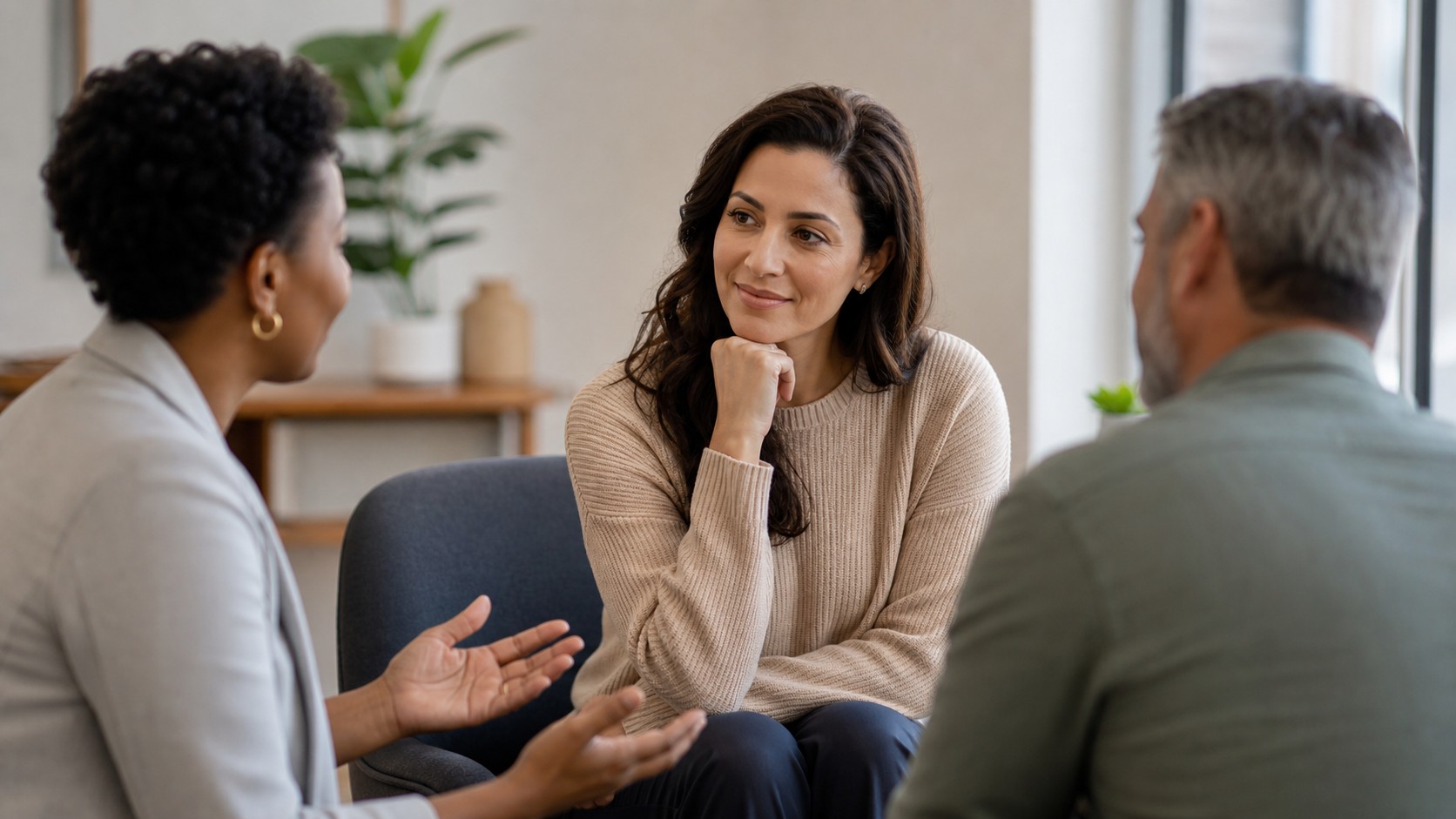 Editorial lifestyle image representing a woman listening calmly during a small workplace meeting.