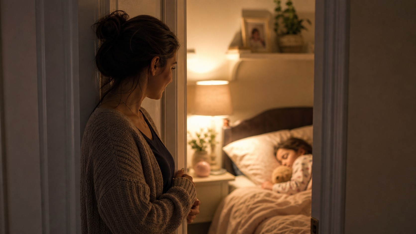 Editorial lifestyle image representing bedroom doorway reassurance.