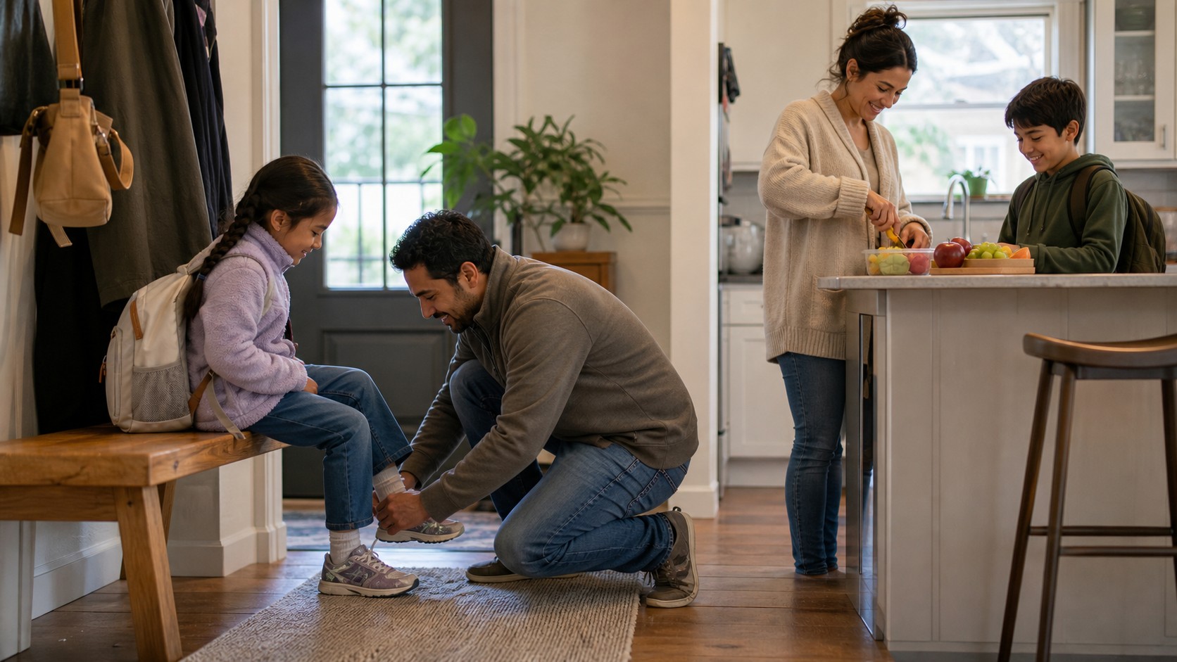 Editorial lifestyle image representing morning entryway routines.