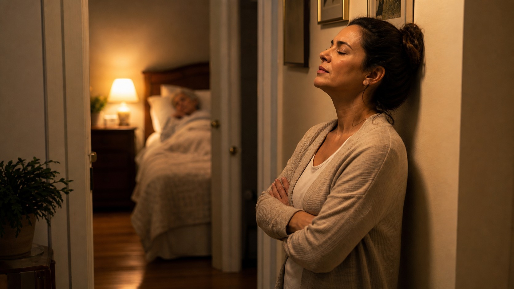 Editorial lifestyle image representing quiet hallway caregiver breath.