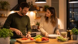 Editorial lifestyle image representing a couple preparing dinner together in a calm kitchen.