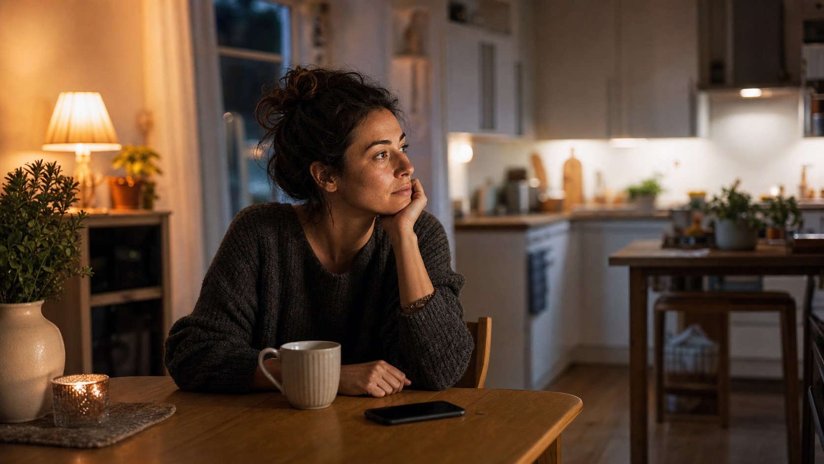 Editorial lifestyle image representing evening kitchen reflection.