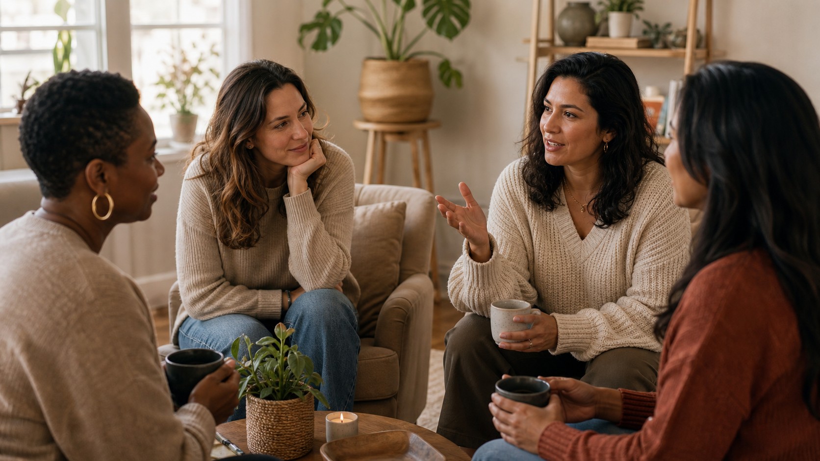 Editorial lifestyle image representing community living room friendship.