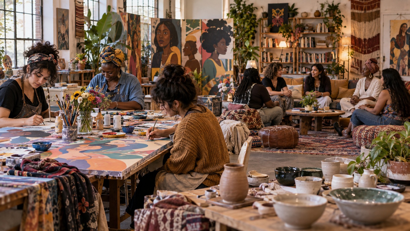 Editorial scene showing women building community identity through art in a neighborhood studio.