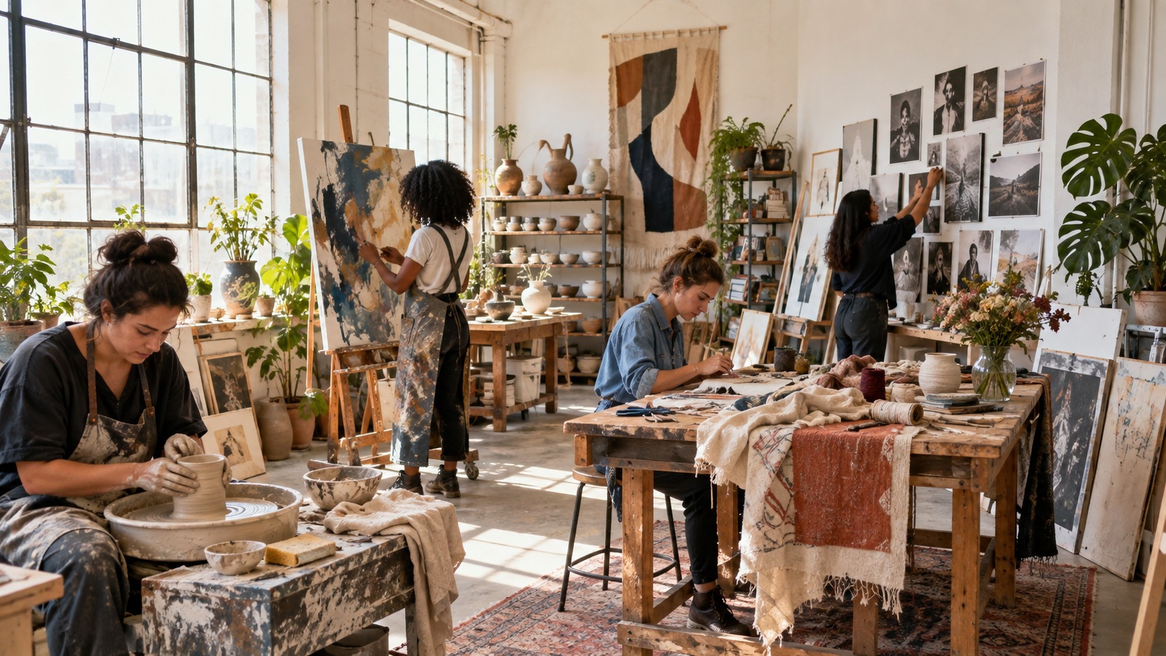 Editorial scene showing women artists working across materials in a bright shared studio.