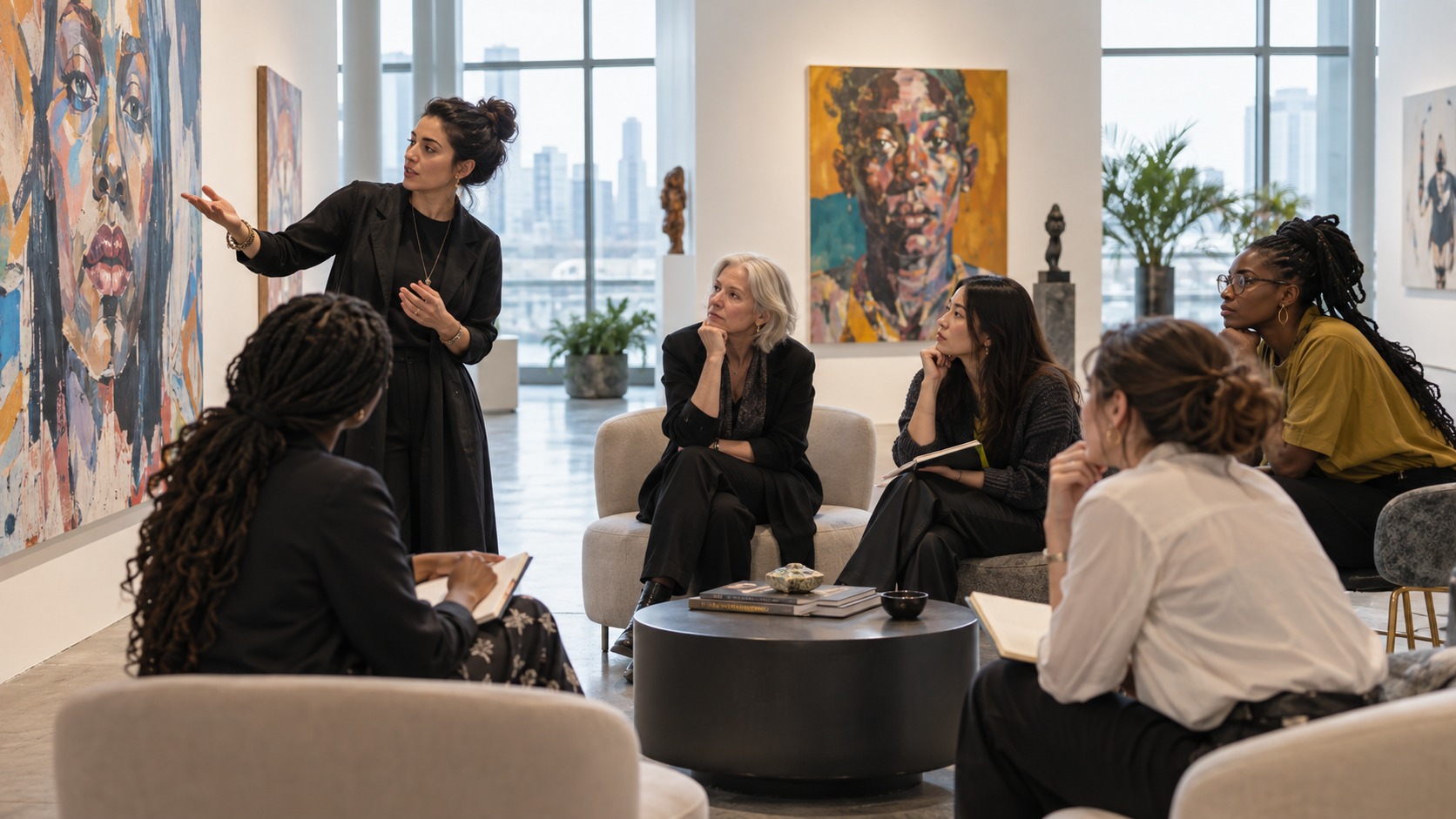 Editorial scene showing women examining cultural images and objects from multiple perspectives.