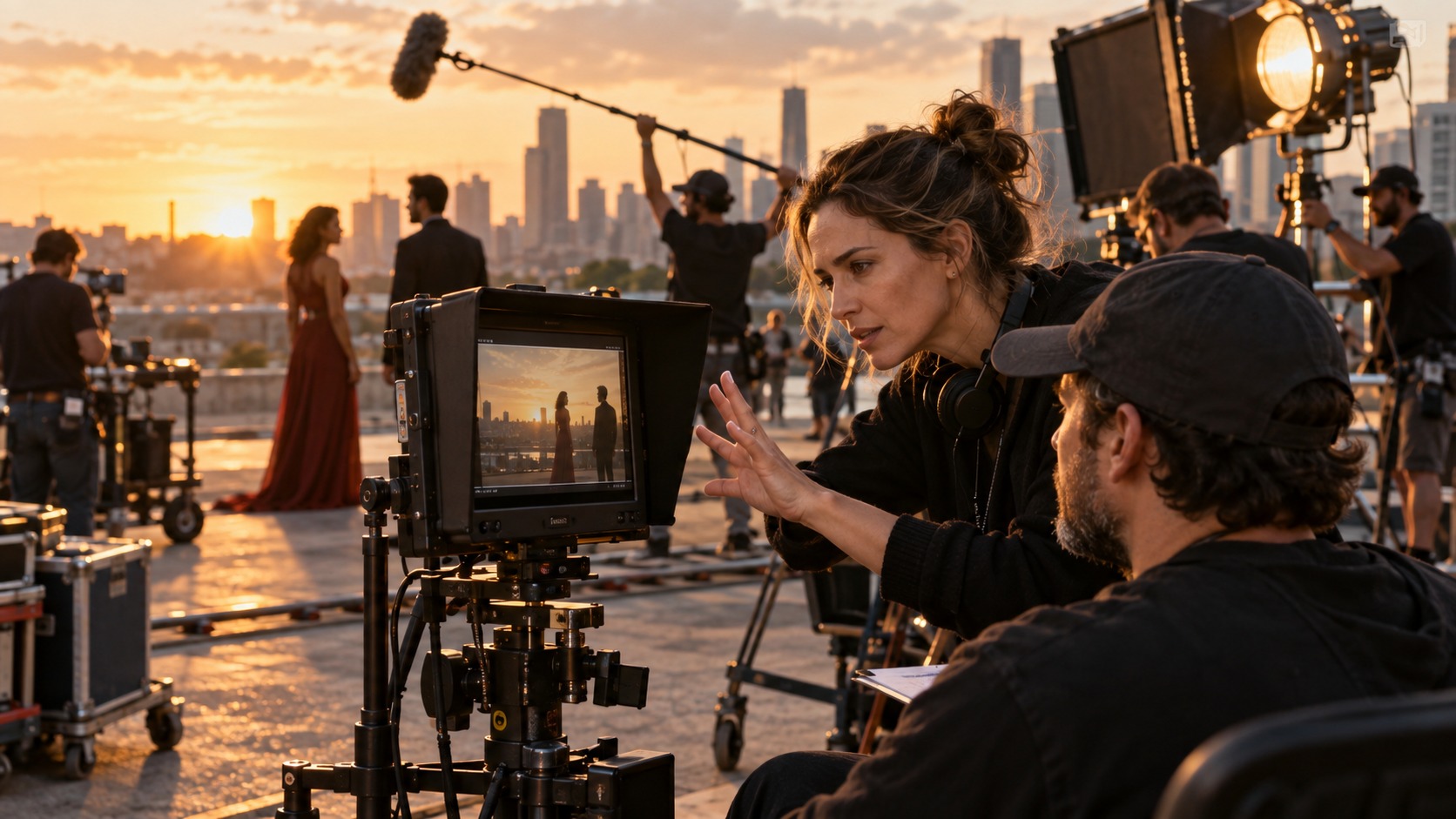 Editorial scene showing female director guiding a rooftop film scene.