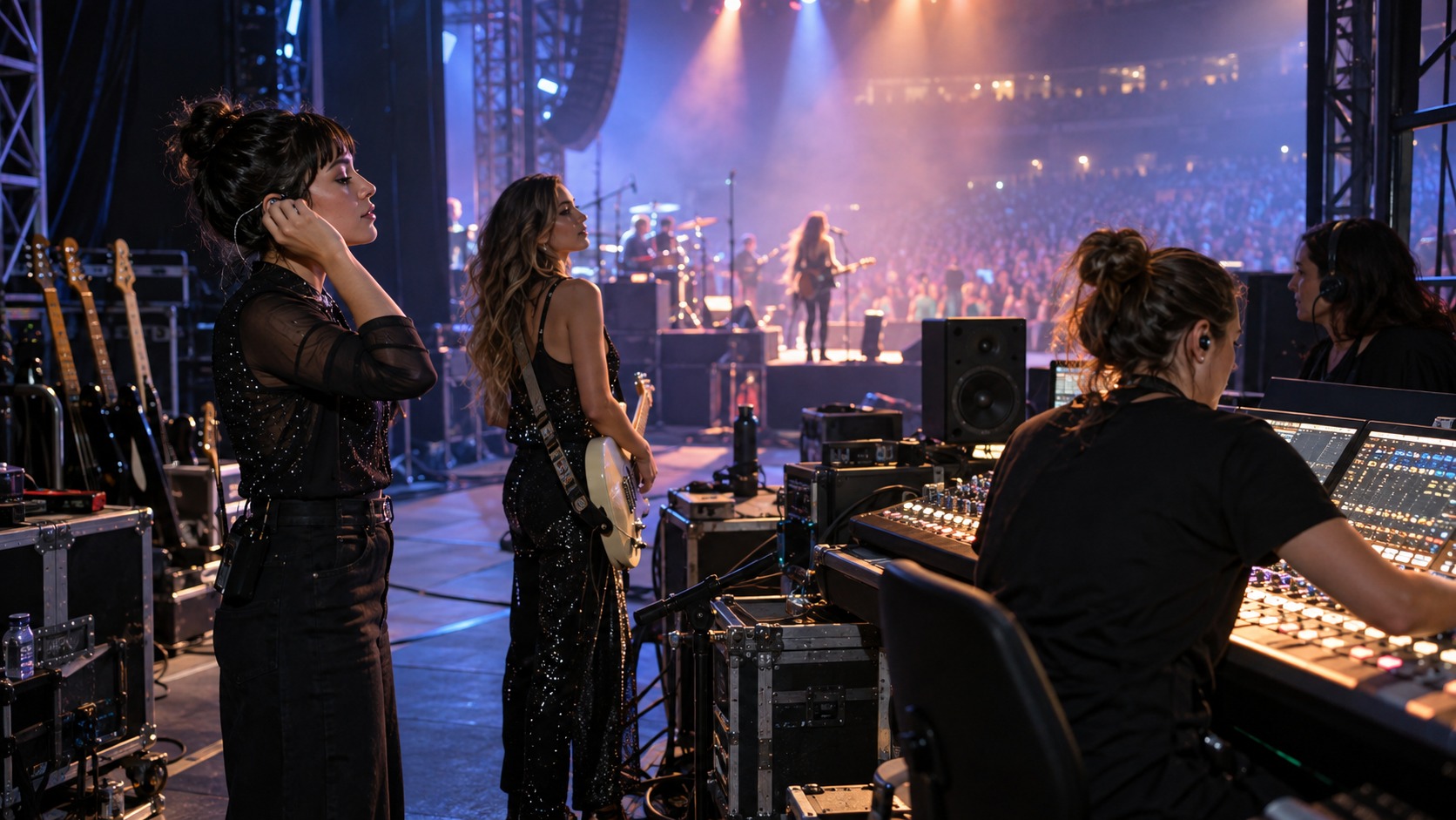 Editorial scene showing women musicians and live-production professionals backstage.