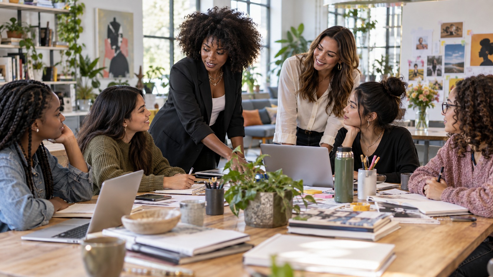 Editorial scene showing modern heroines planning public work around a collaborative table.