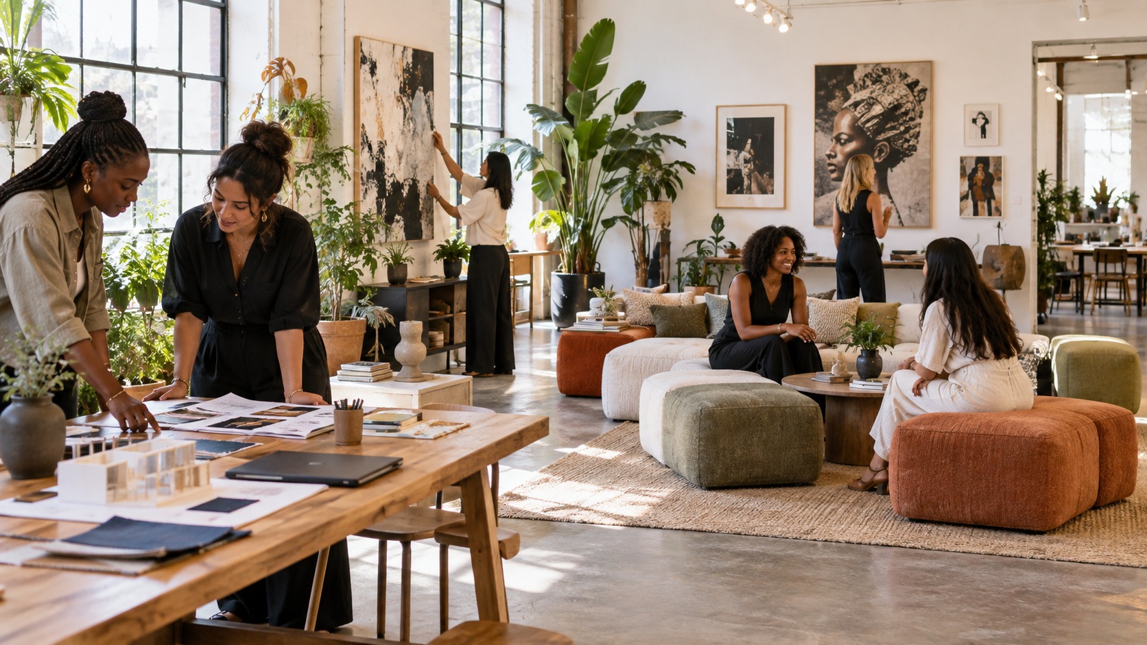 Editorial scene showing women designing an inviting cultural workspace with art and furniture samples.