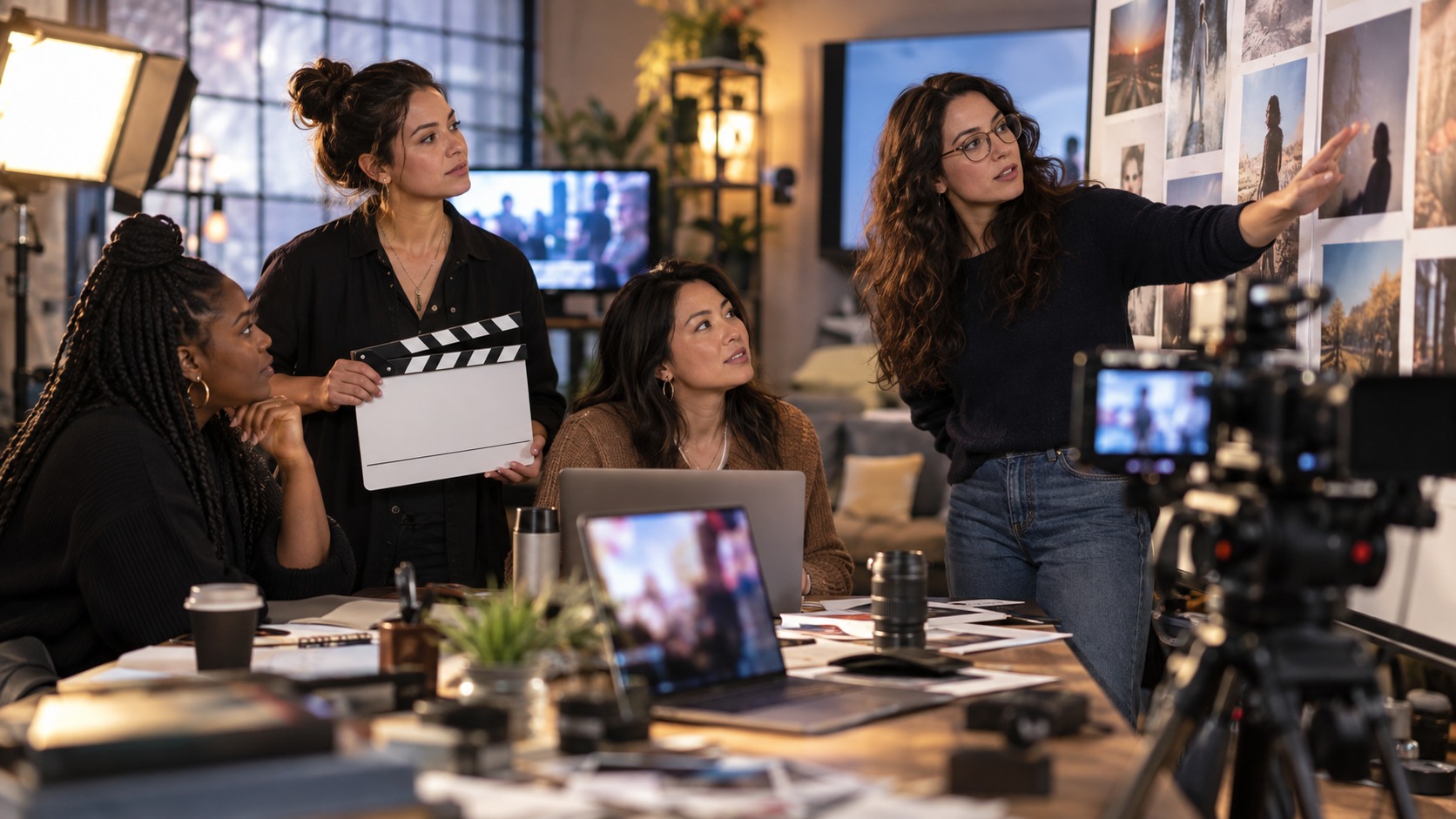 Editorial scene showing women storytellers planning a cross-platform screen story.