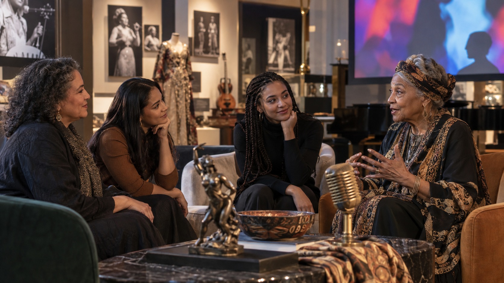 Editorial scene showing intergenerational women discussing cultural legacy.