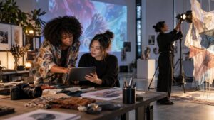 Women creators reviewing digital artwork on a tablet in a modern studio with projection light and installation materials.