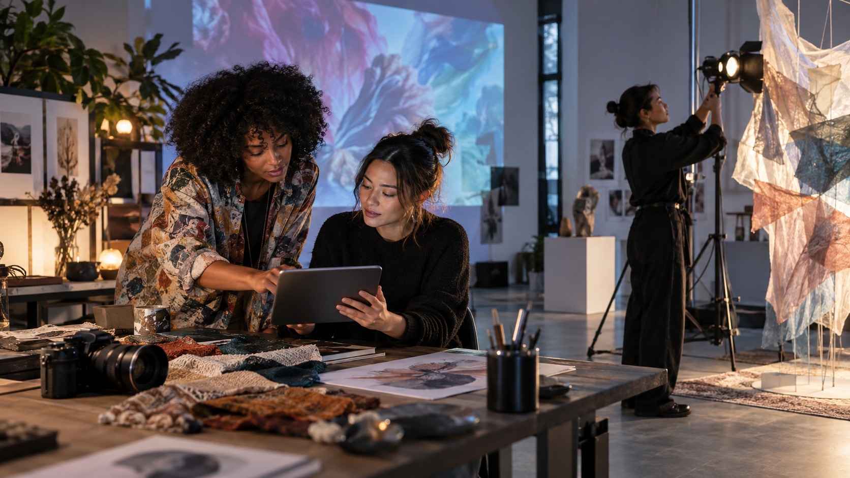 Women creators reviewing digital artwork on a tablet in a modern studio with projection light and installation materials.