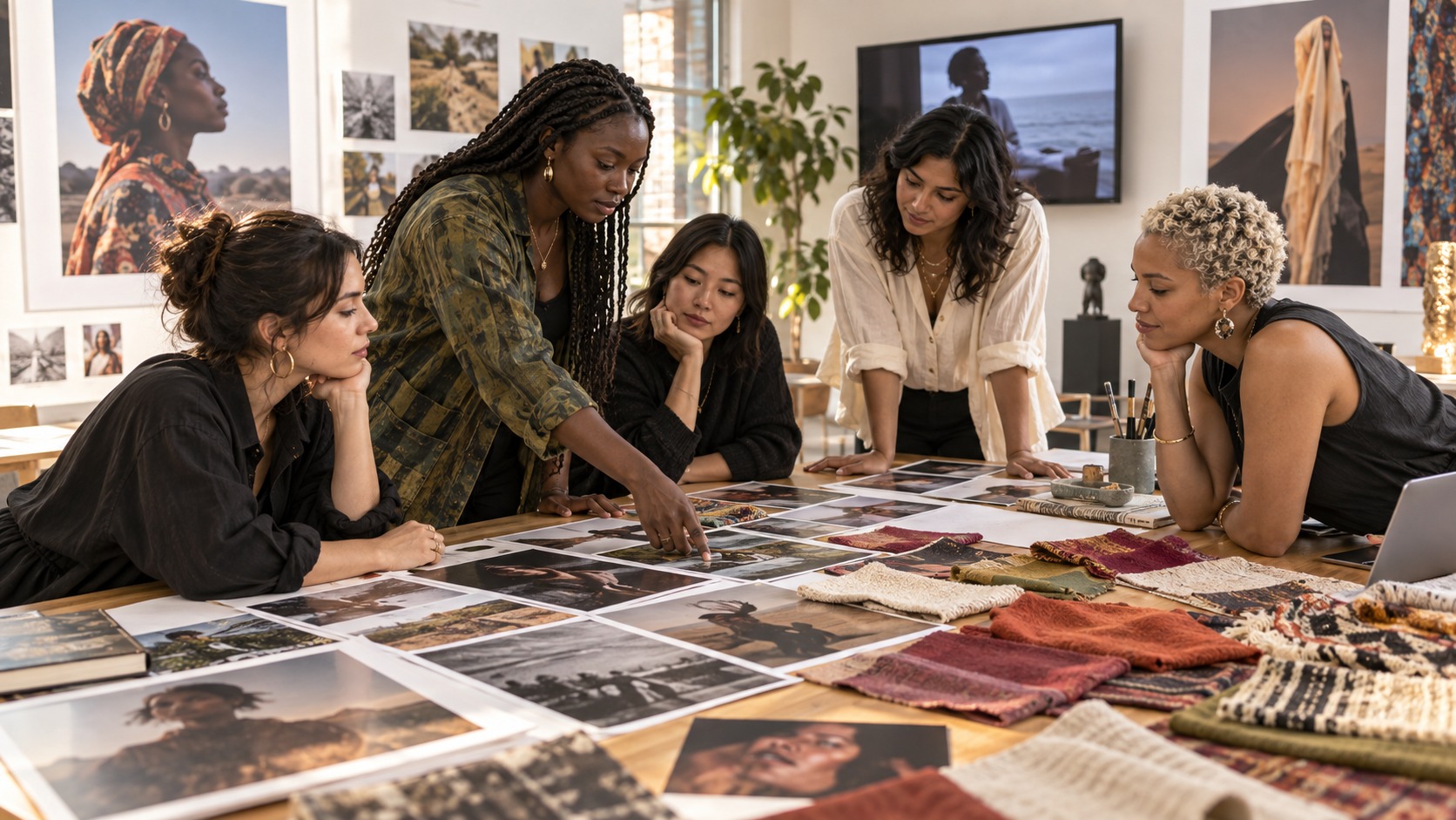 Editorial scene showing women reviewing art, media stills, and identity materials in a gallery workspace.