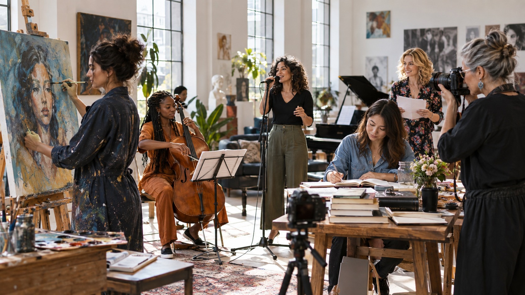 Editorial scene showing women creators across art, media, music, and literature gathered in a creative salon.