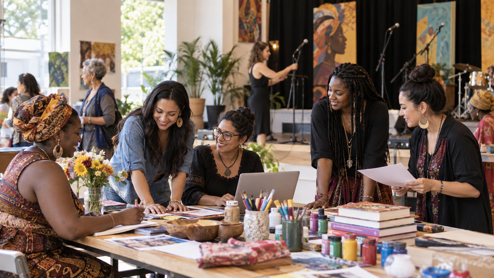 Editorial scene showing women cultural leaders preparing a community program.