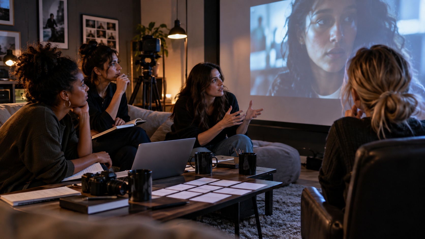 Editorial scene showing women filmmakers and photographers planning a thoughtful visual story.