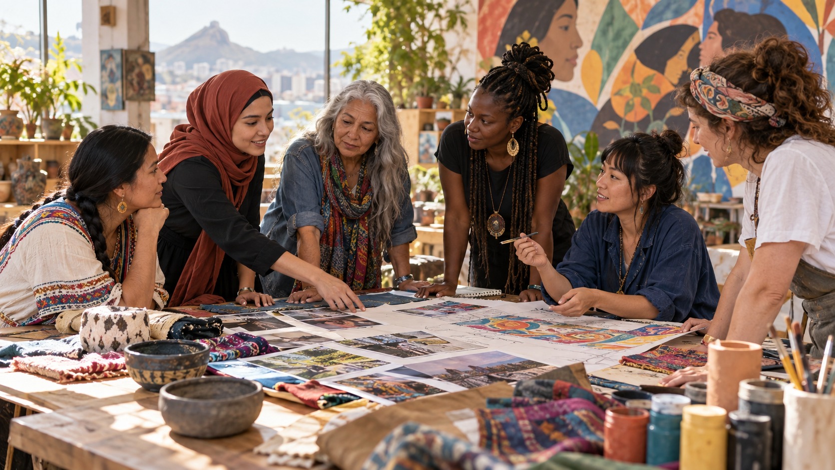 Women from different backgrounds planning a collaborative arts project with textiles, prints, and mural materials.