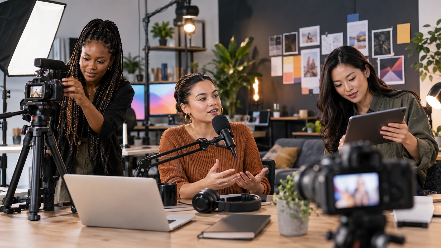 Editorial scene showing women producing a digital media segment in a modern studio.