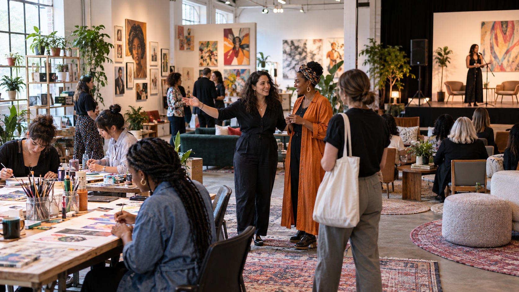 Editorial scene showing women leading a busy creative studio and cultural hub.