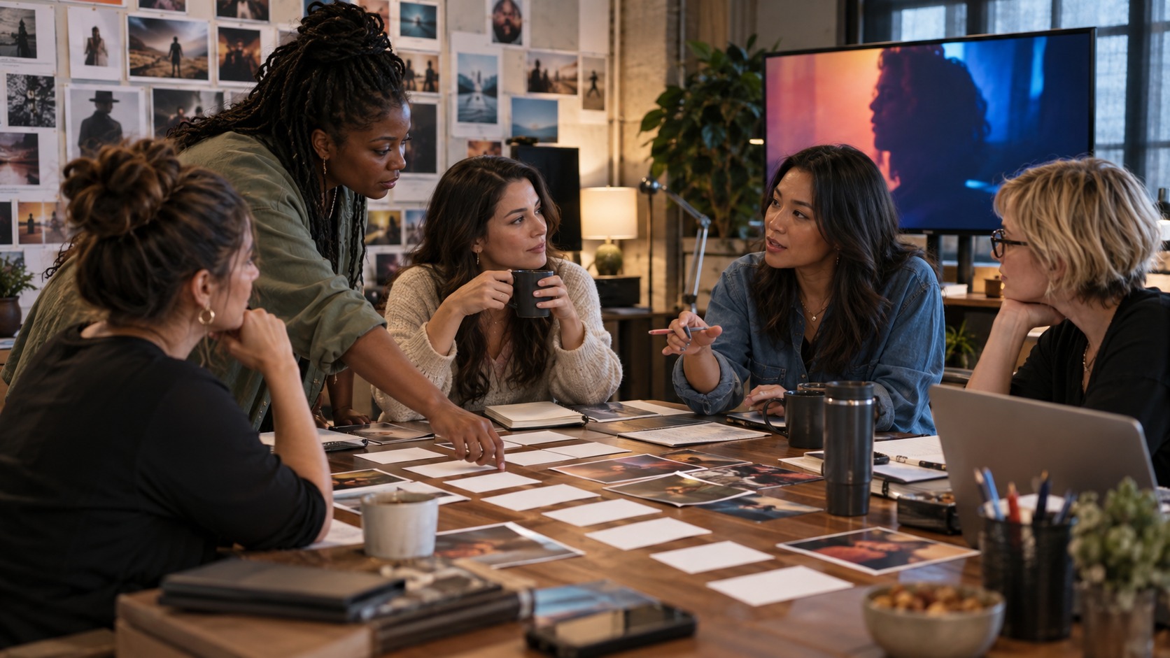 Editorial scene showing women writers and producers developing story arcs.