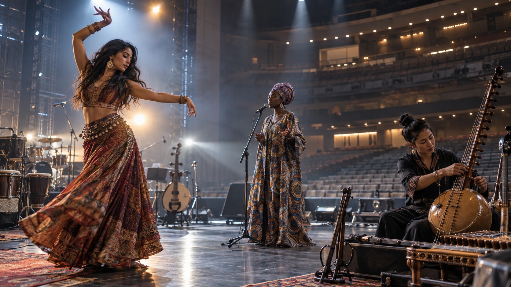 Editorial scene showing women performers preparing on a global concert stage.
