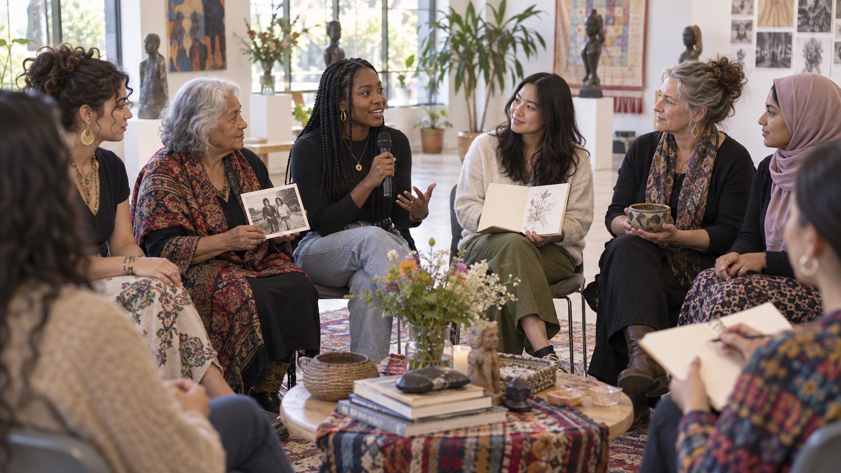 Editorial scene showing women of different generations discussing culture in a bright arts center.
