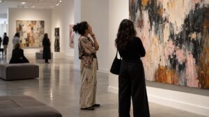 A woman artist and a gallery visitor studying a large abstract painting in a quiet contemporary exhibition space.