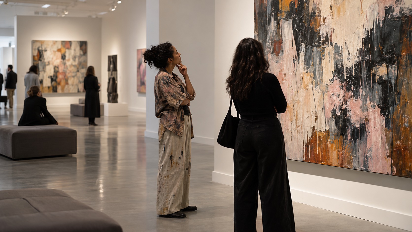 A woman artist and a gallery visitor studying a large abstract painting in a quiet contemporary exhibition space.