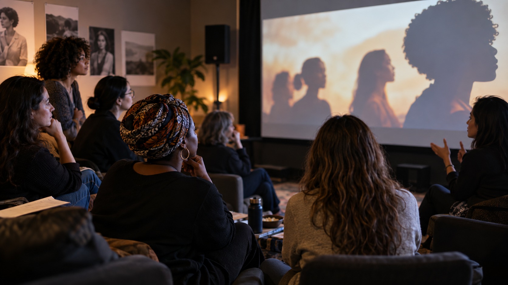 Editorial scene showing women discussing representation after a screening.