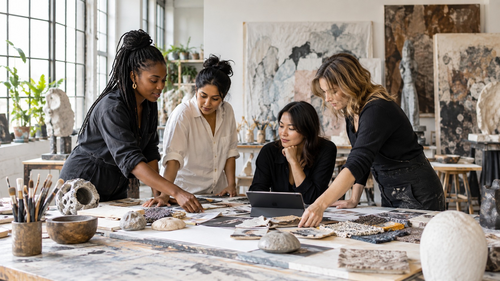 Women artists collaborating around a studio table with canvases, sculpture materials, and natural light.
